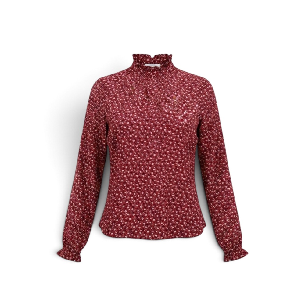 LOFT Burgundy Red Ditsy Floral Ruffle Mock Neck Long Sleeve Blouse Size-Large